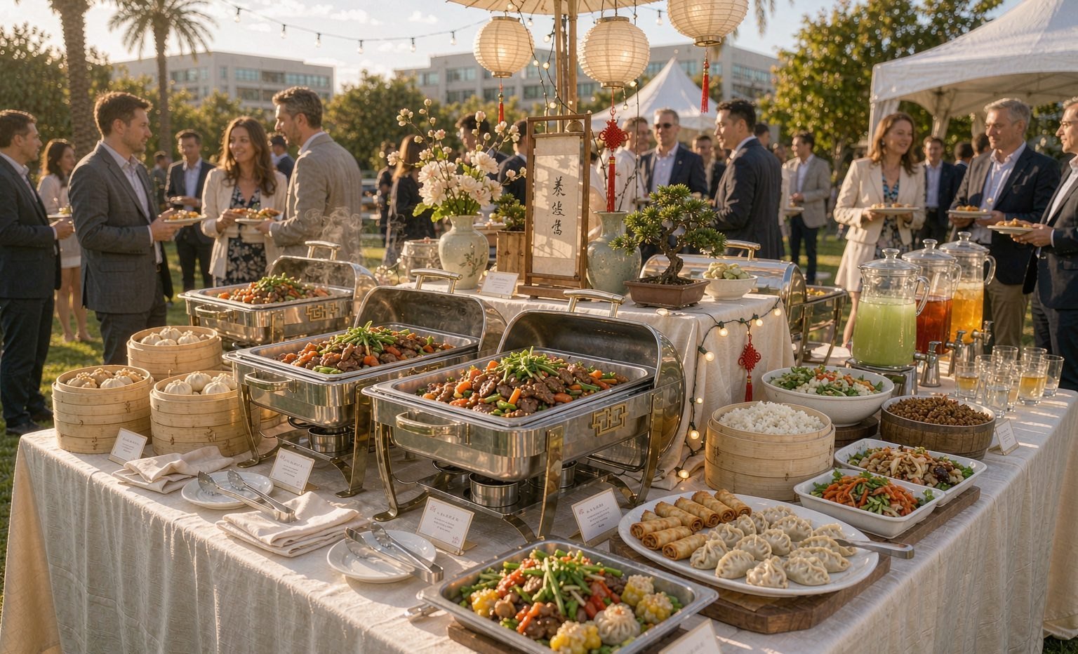 A VEVOR Chinese catering buffet station set up at an outdoor California event