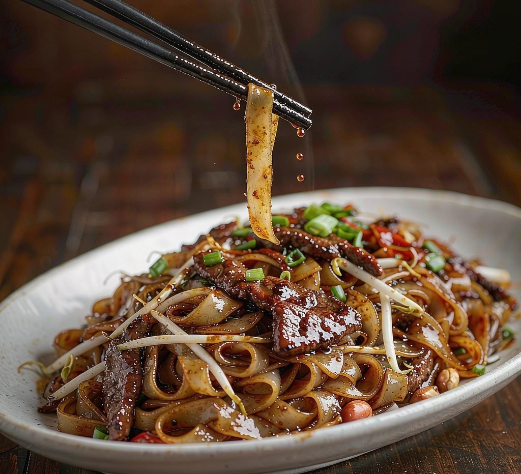 Beef chow fun noodles with bean sprouts and scallions
