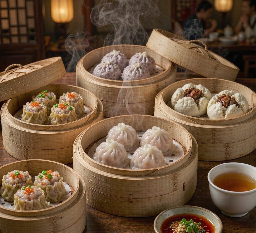 Assorted dim sum in bamboo steamers including har gow, siu mai and char siu bao