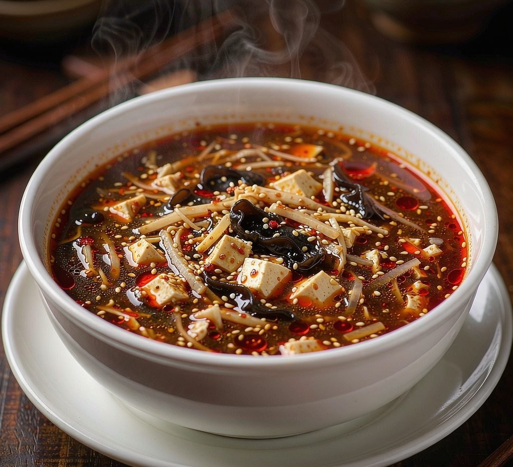 Hot and sour soup with tofu, bamboo shoots and wood ear mushroom