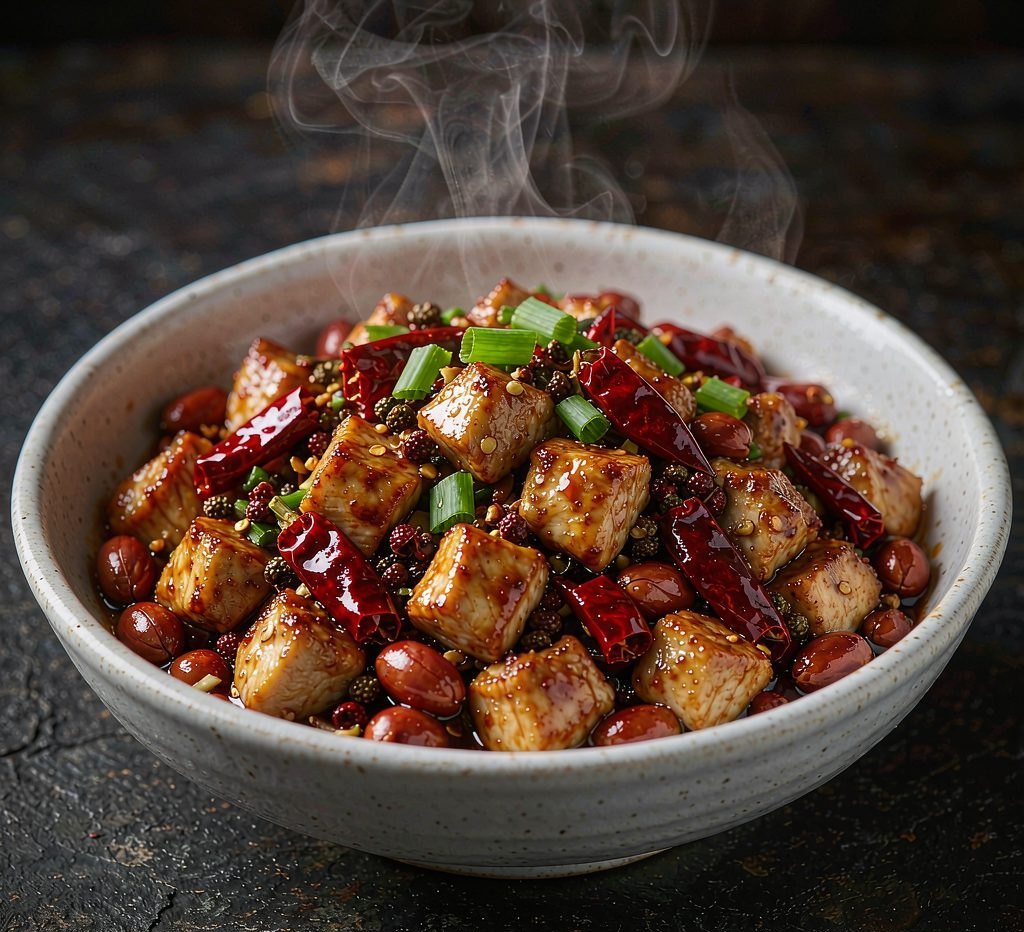 Kung Pao chicken with peanuts and dried chilies in a white bowl
