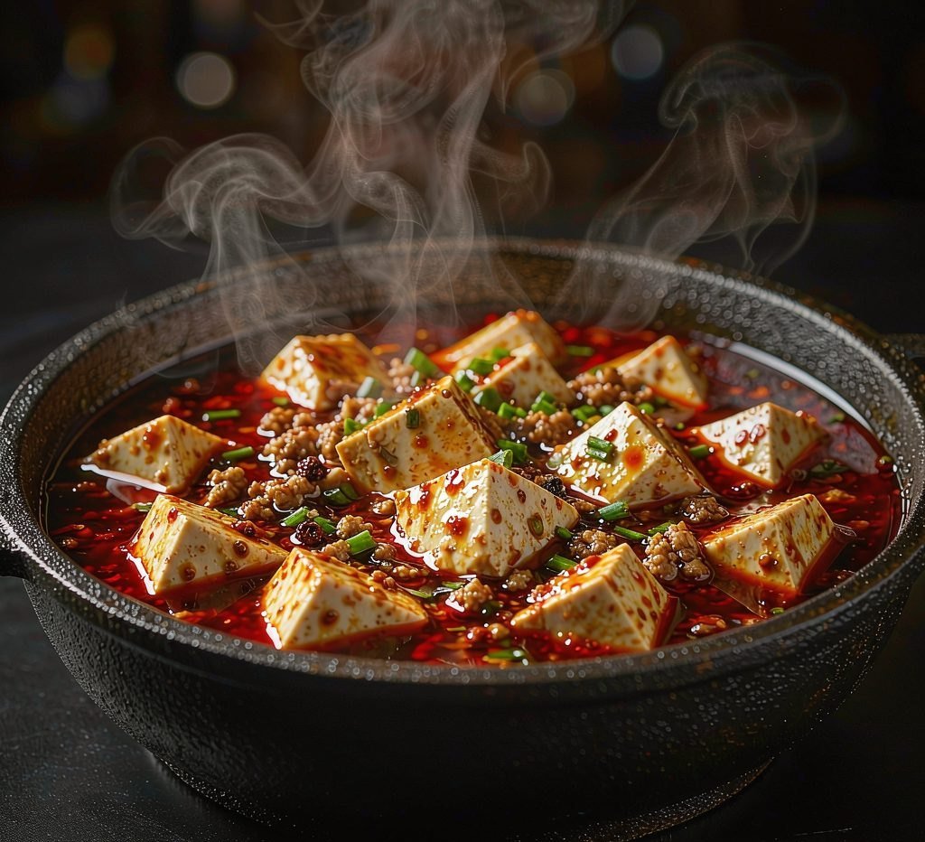 Mapo tofu in a black bowl with chili oil and scallions