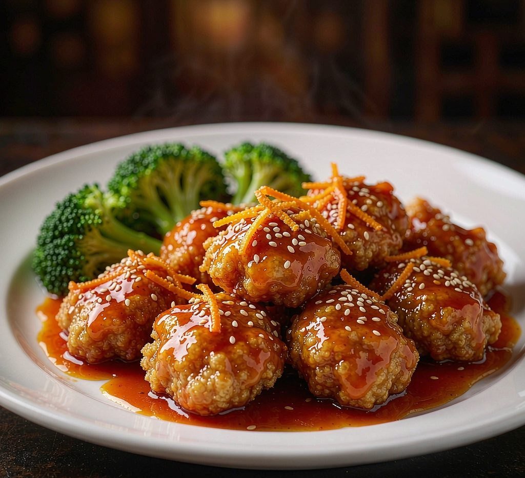 Orange chicken with steamed broccoli and sesame seeds