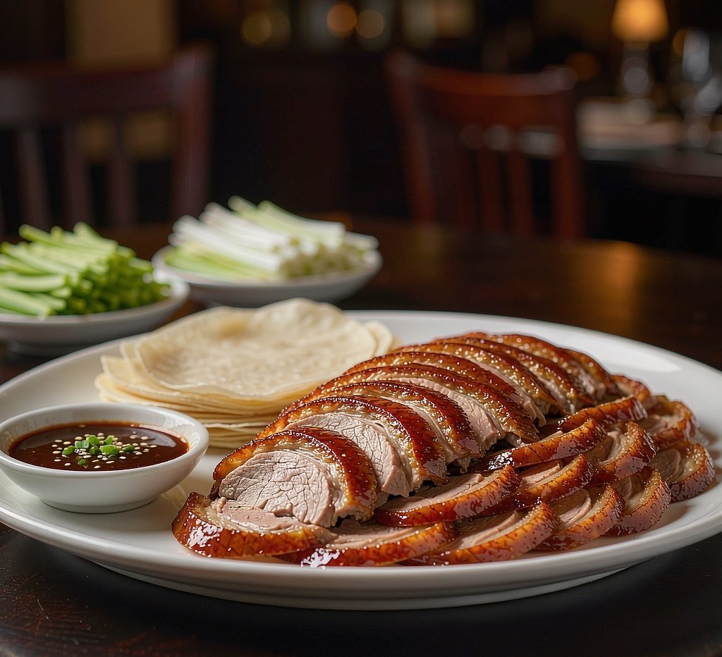 Sliced Peking duck served with pancakes, cucumber and scallion