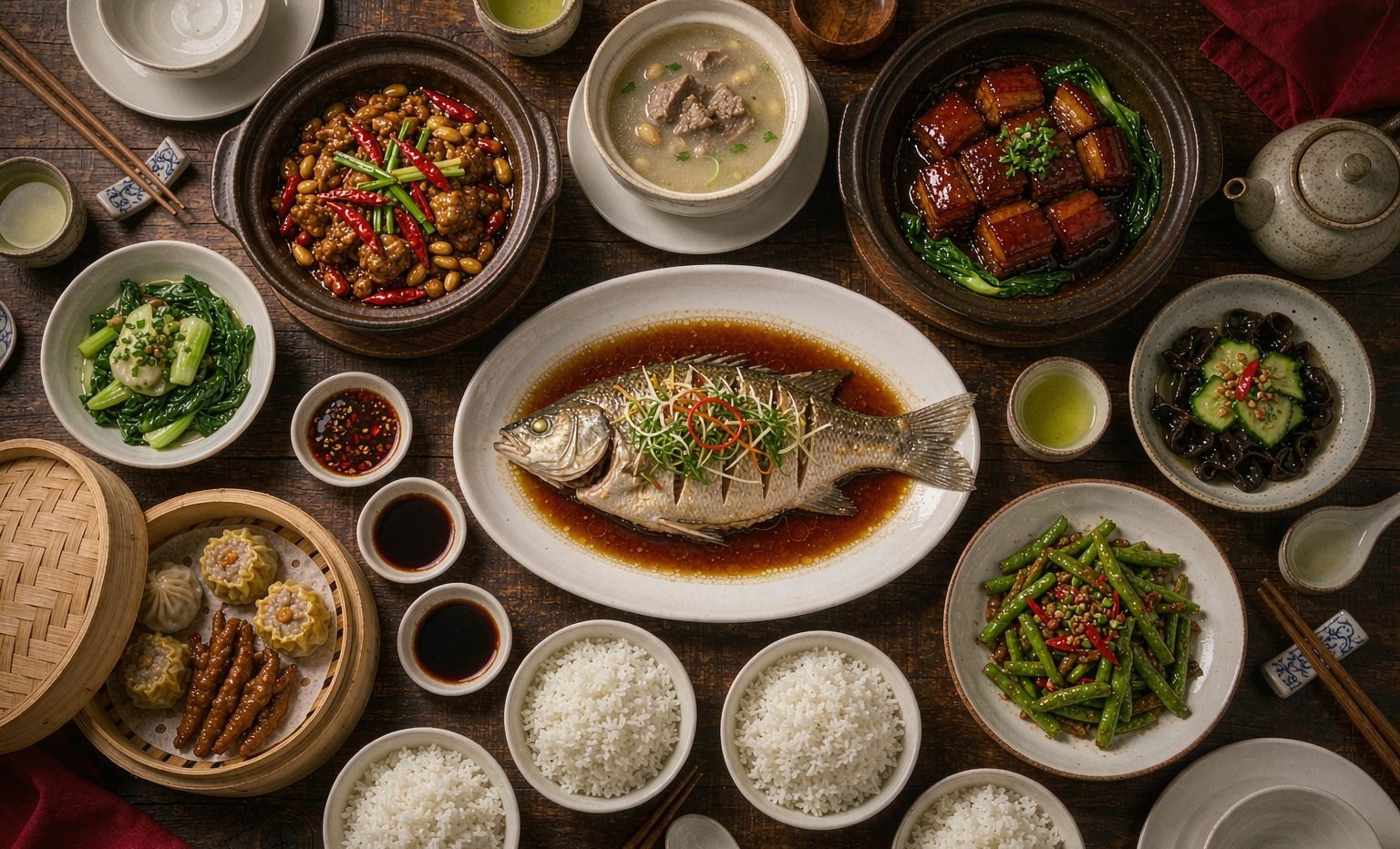 An abundant spread of traditional Chinese dishes including Kung Pao chicken, steamed fish, braised pork belly and dim sum
