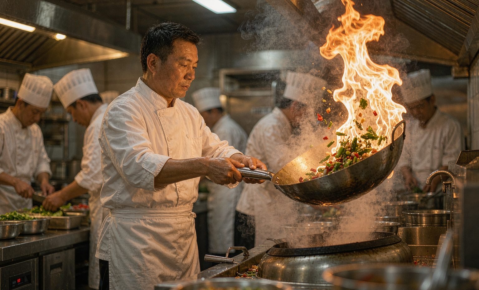 A VEVOR chef tossing a wok in a professional commercial kitchen